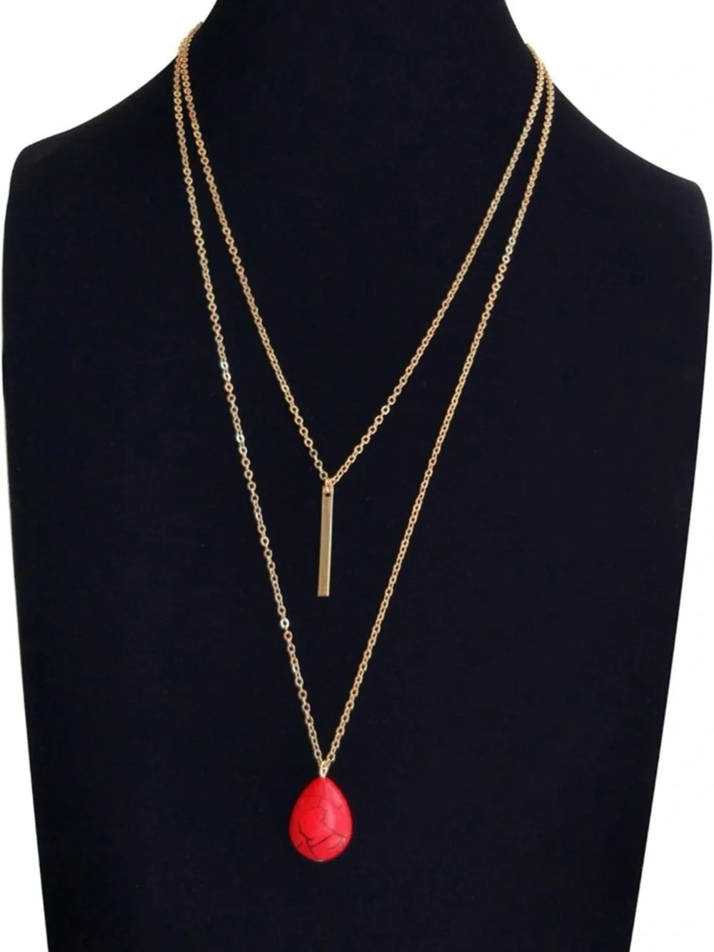 Layered Necklace with Red Teardrop Pendant - Women Jewelry